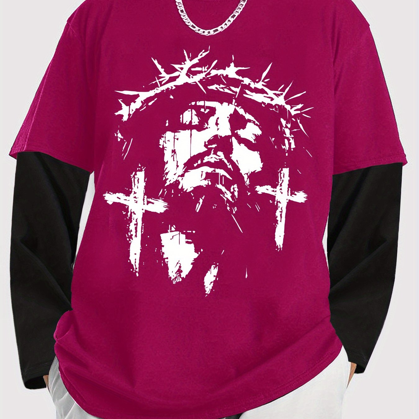Men'S Contrasting Long-Sleeved T-Shirt with Jesus Portrait Print