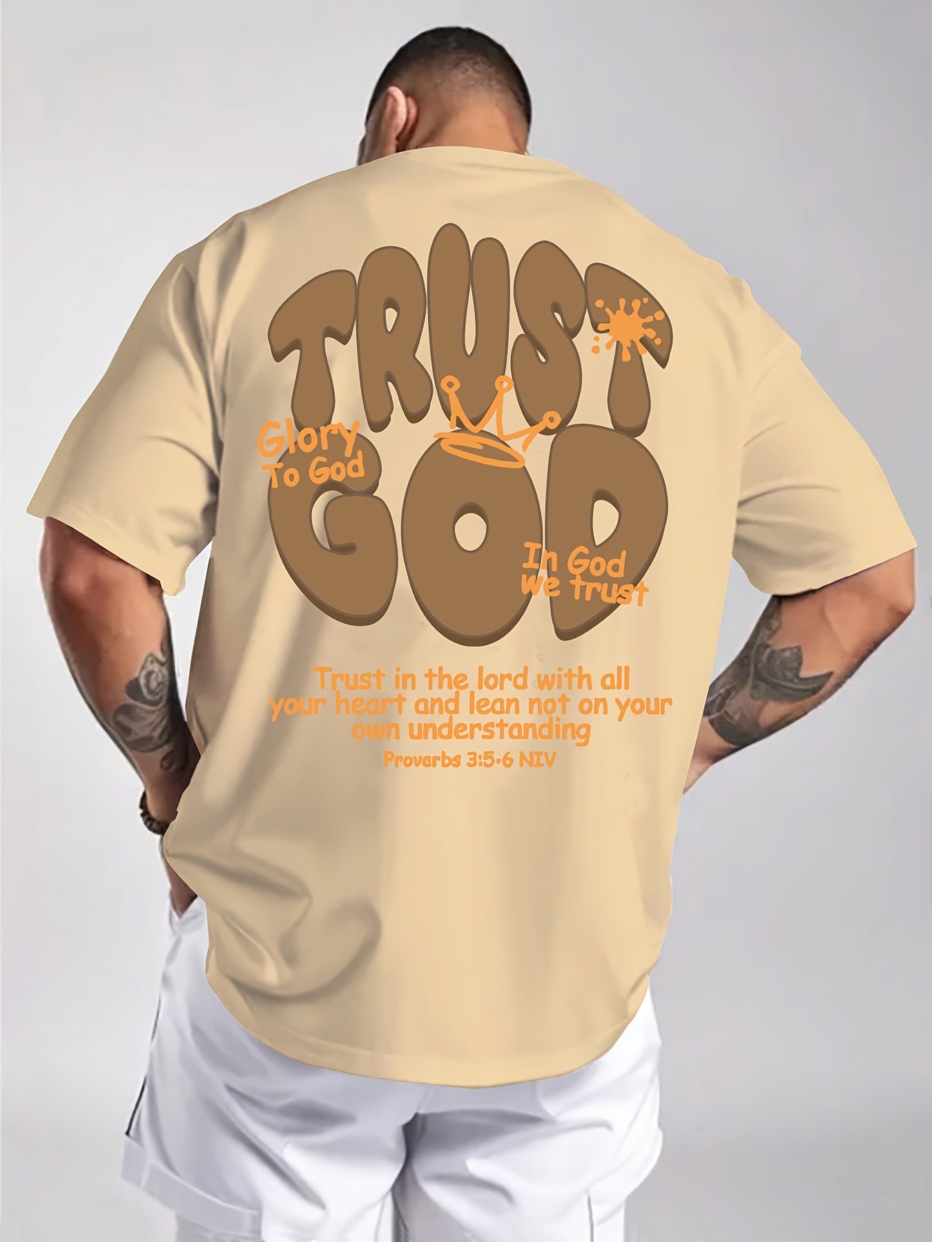 Men's Summer Casual Short Sleeve T-Shirt with Inspirational Bible Verse Print (Proverbs 3:5-6) - Light Beige Regular Fit Round Neck Tee, Machine Washable Faith-Based Apparel, Everyday Tee, Bold Lettering, Durable Tee, Print S