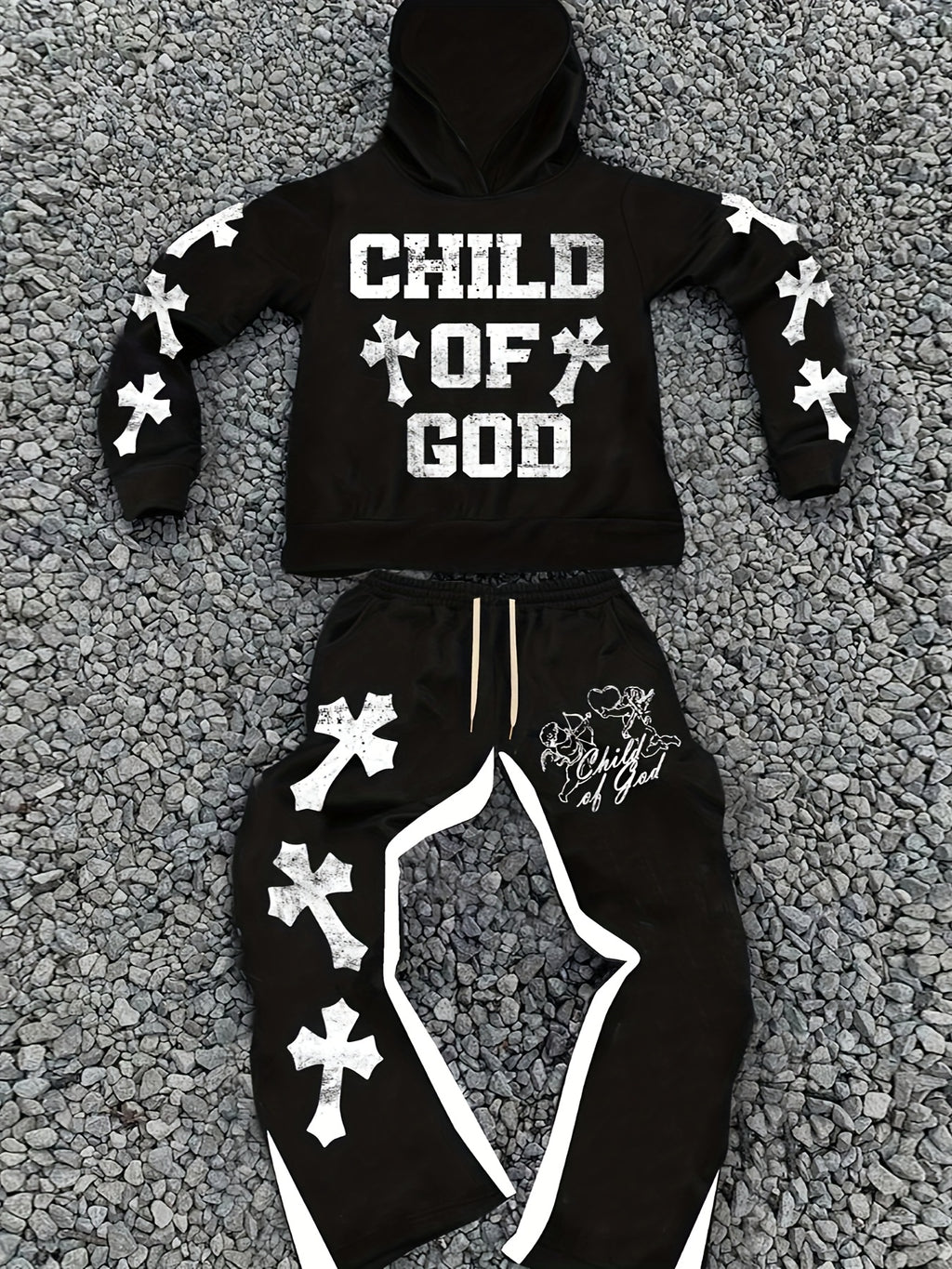 Men's Casual Trendy "Youngsters OF GOD" Print Hoodie & Sweatpants Set - Polyester, Machine Washable, Black with White Cross Design, Ideal for Fall/Winter Leisure, Oversized Hoodie