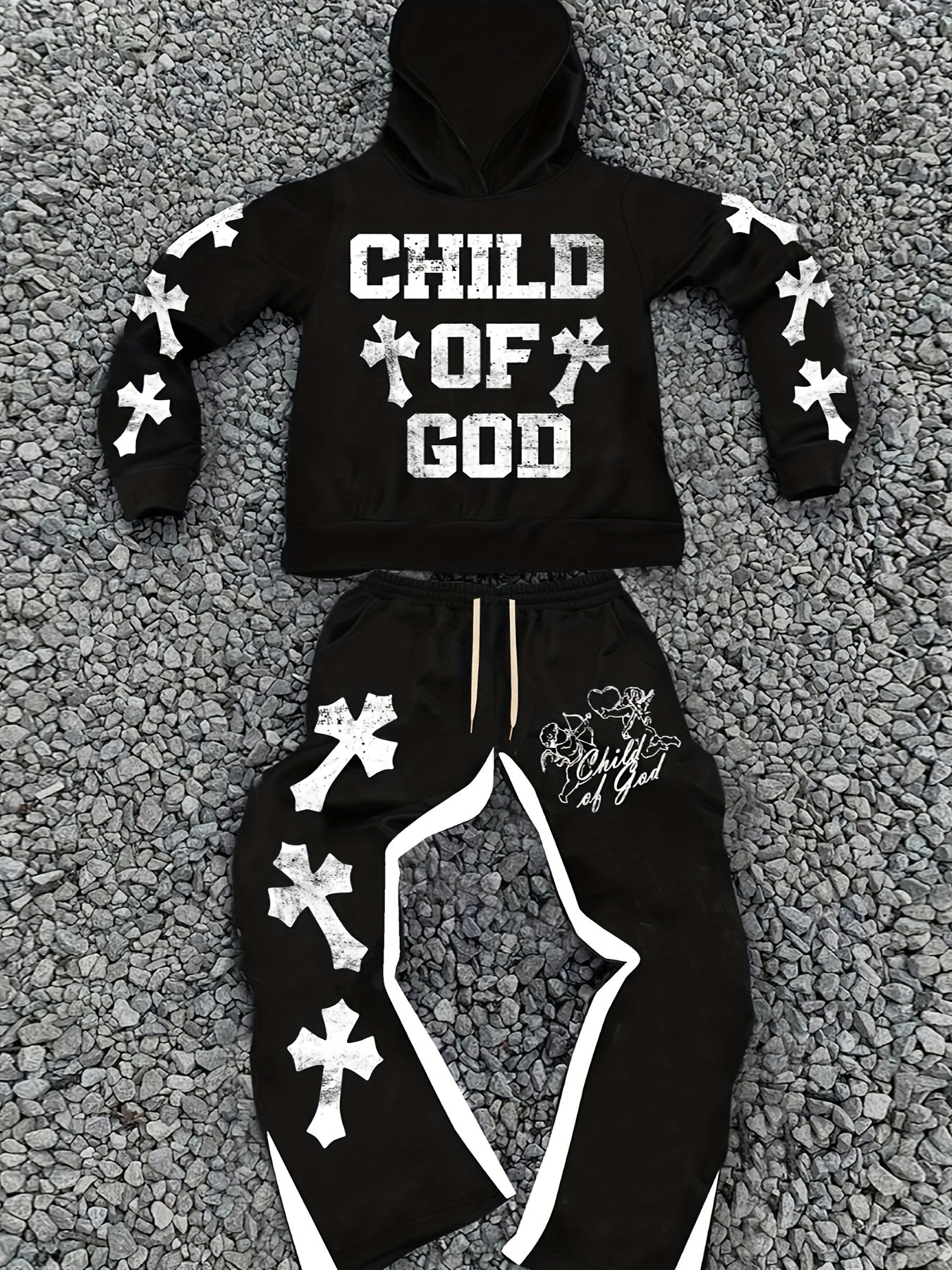 Men's Casual Trendy "Youngsters OF GOD" Print Hoodie & Sweatpants Set - Polyester, Machine Washable, Black with White Cross Design, Ideal for Fall/Winter Leisure, Oversized Hoodie