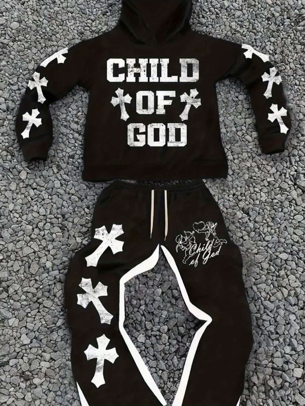 Men's Casual Trendy "Youngsters OF GOD" Print Hoodie & Sweatpants Set - Polyester, Machine Washable, Black with White Cross Design, Ideal for Fall/Winter Leisure, Oversized Hoodie