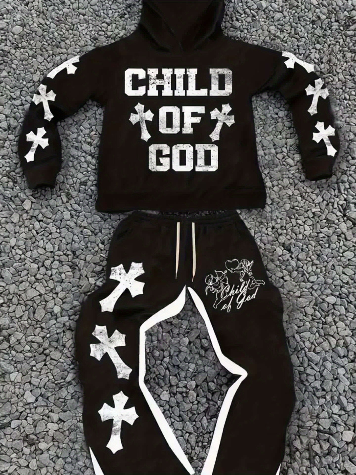 Men's Casual Trendy "Youngsters OF GOD" Print Hoodie & Sweatpants Set - Polyester, Machine Washable, Black with White Cross Design, Ideal for Fall/Winter Leisure, Oversized Hoodie