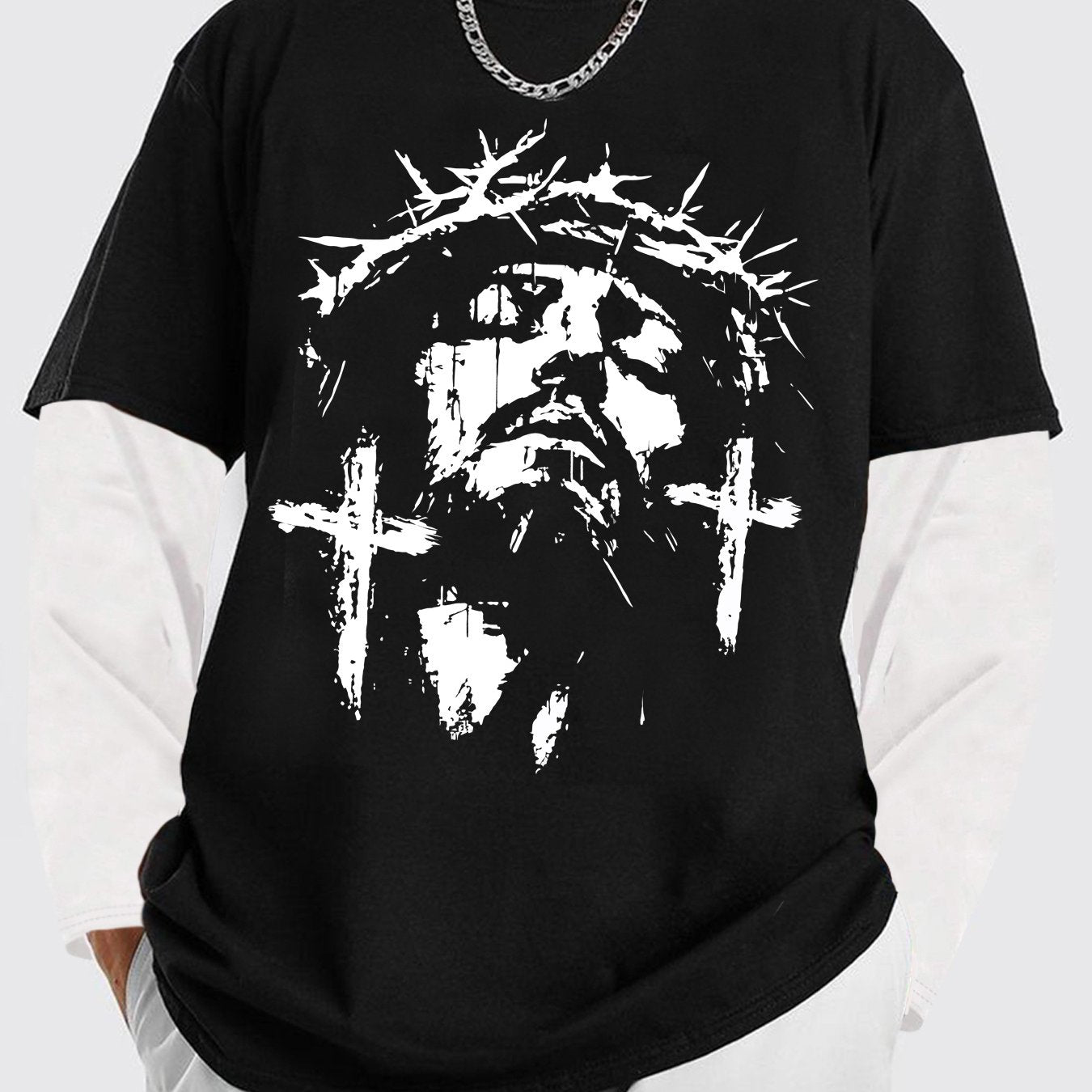 Men'S Contrasting Long-Sleeved T-Shirt with Jesus Portrait Print