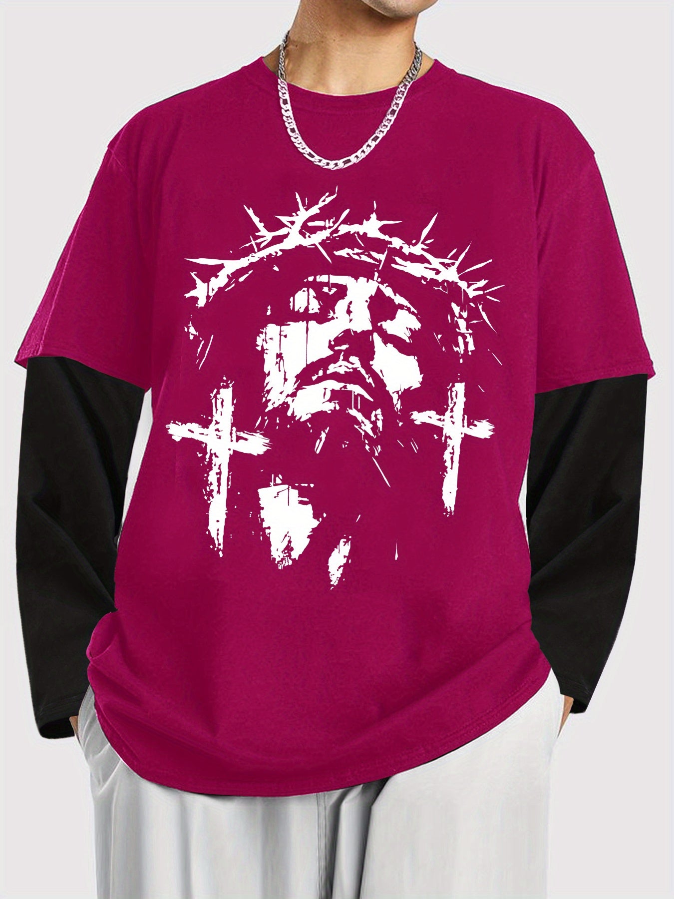 Men'S Contrasting Long-Sleeved T-Shirt with Jesus Portrait Print