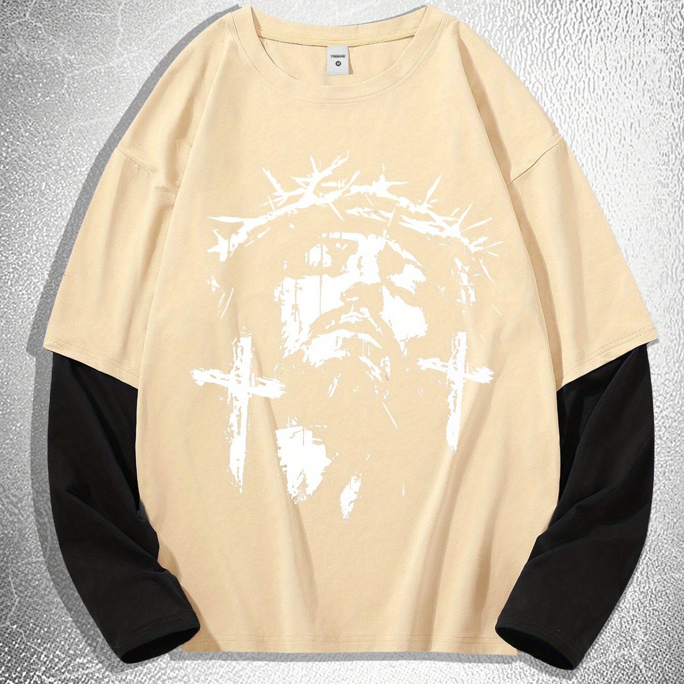 Men'S Contrasting Long-Sleeved T-Shirt with Jesus Portrait Print