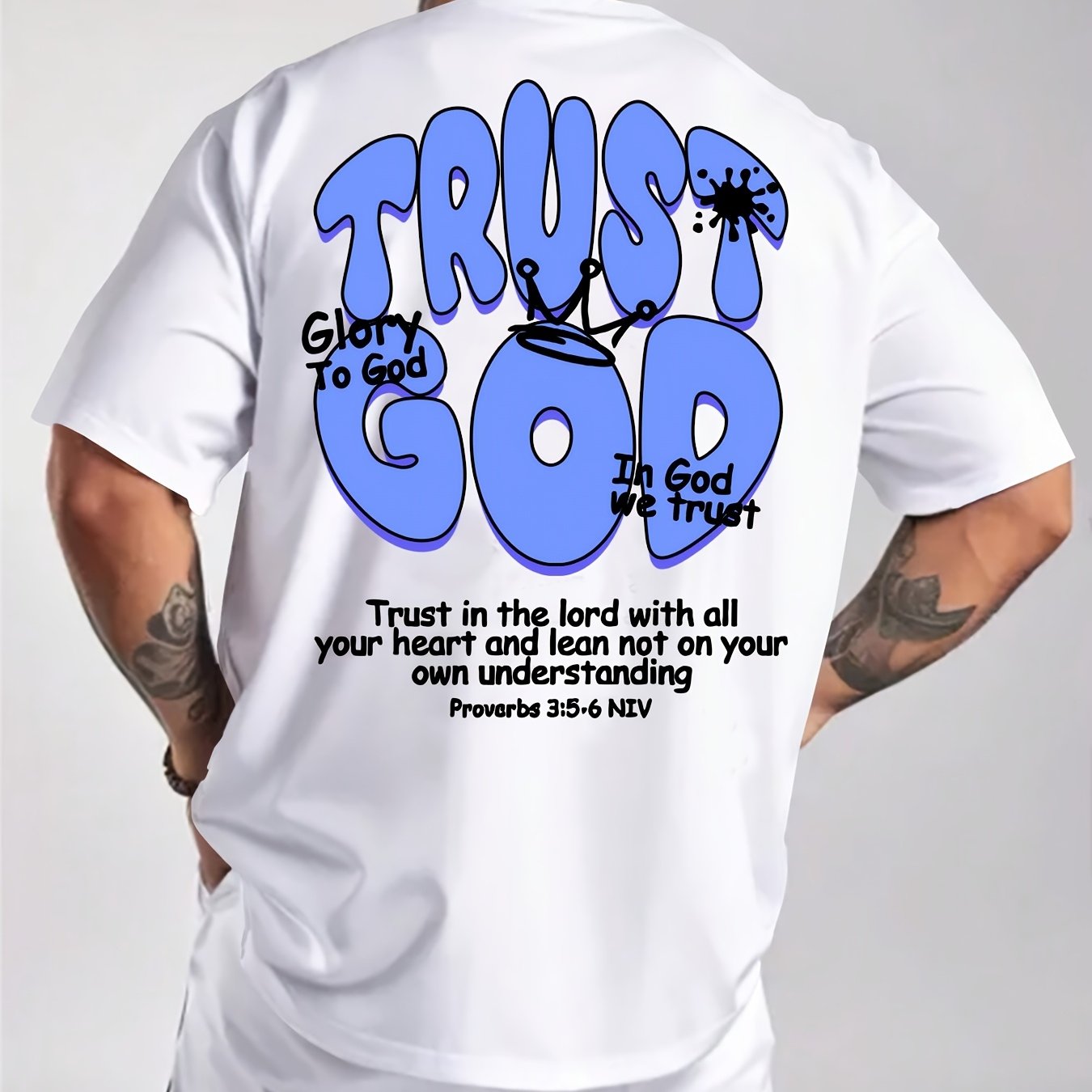Men's Summer Casual Short Sleeve T-Shirt with Inspirational Bible Verse Print (Proverbs 3:5-6) - Light Beige Regular Fit Round Neck Tee, Machine Washable Faith-Based Apparel, Everyday Tee, Bold Lettering, Durable Tee, Print S