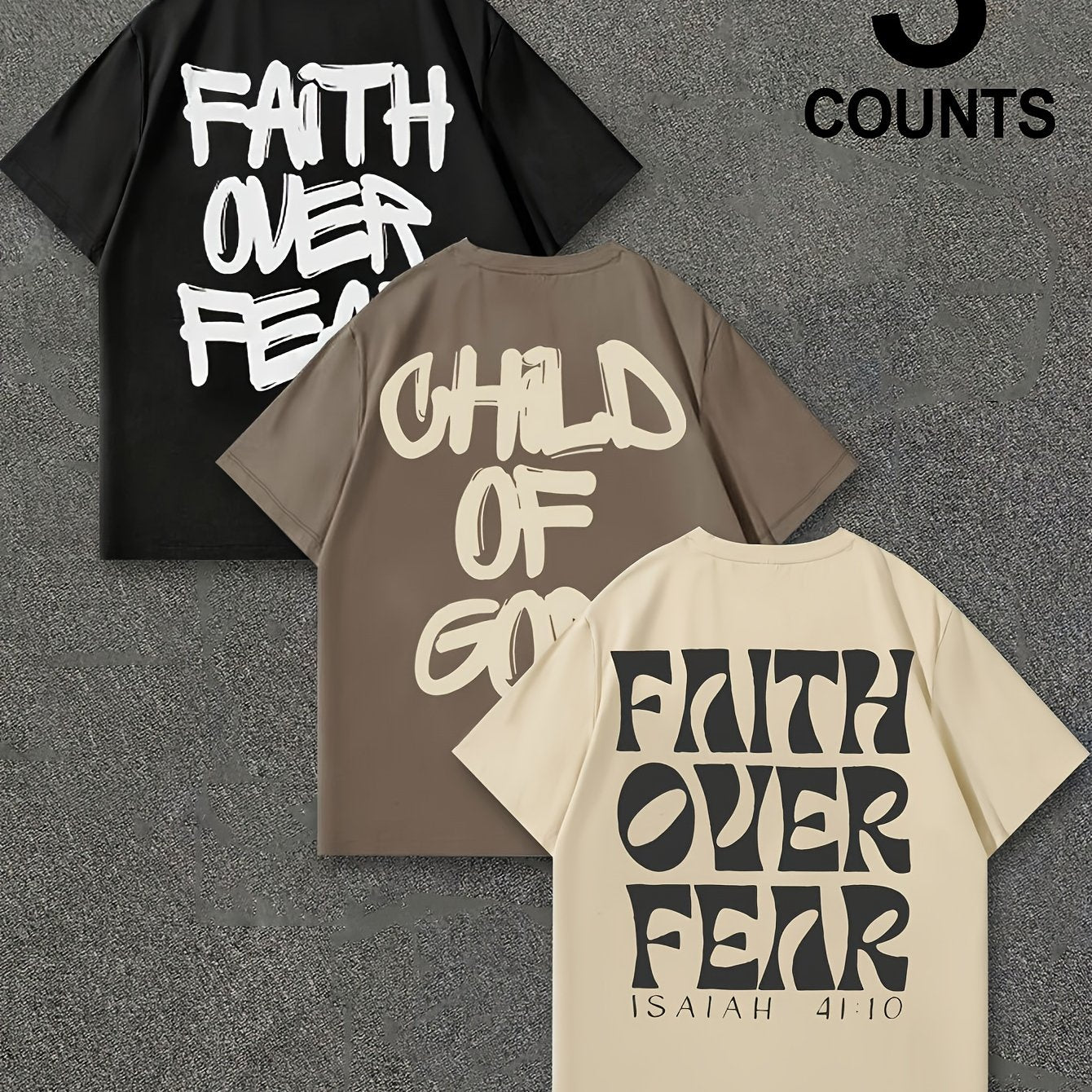 Men'S Casual Summer T-Shirt Set - "Faith Over Fear" Print, Short Sleeve, Round Neck, Lightweight Knit Fabric, Perfect for Outdoor Activities, Casual Sportswear|Motivational Print|Comfortable Fit, PLUS SIZE
