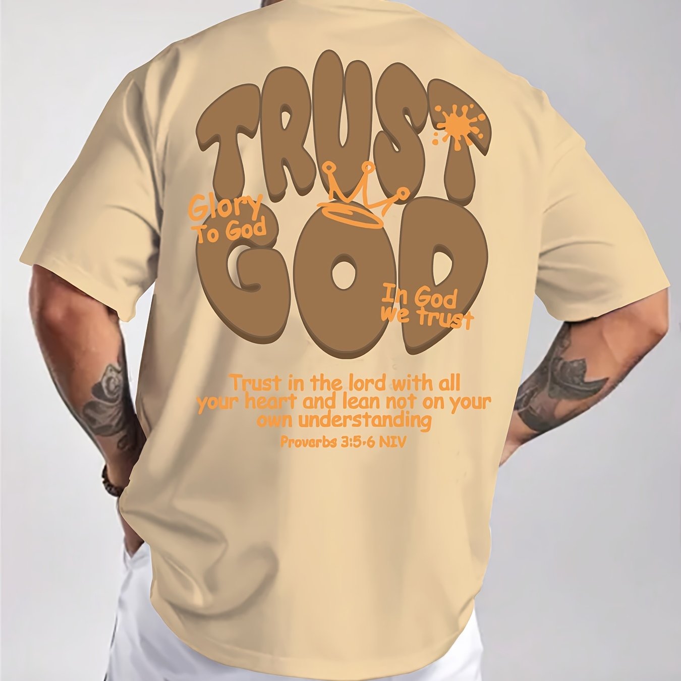 Men's Summer Casual Short Sleeve T-Shirt with Inspirational Bible Verse Print (Proverbs 3:5-6) - Light Beige Regular Fit Round Neck Tee, Machine Washable Faith-Based Apparel, Everyday Tee, Bold Lettering, Durable Tee, Print S