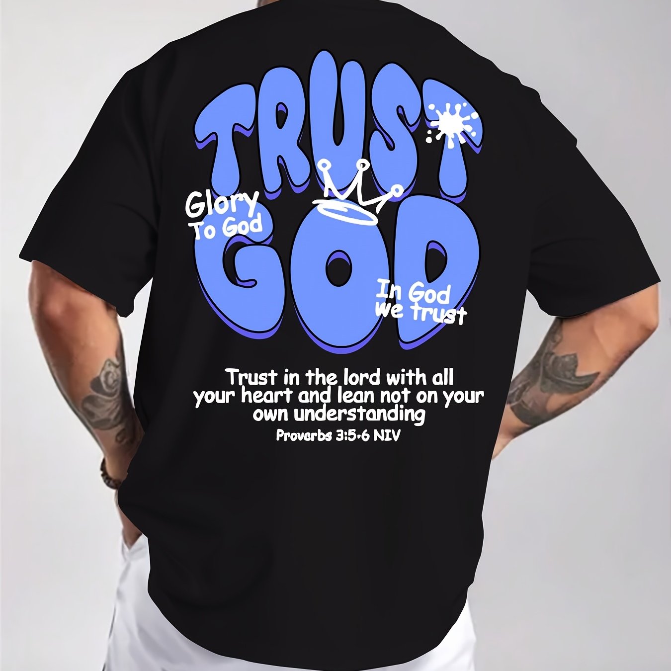 Men's Summer Casual Short Sleeve T-Shirt with Inspirational Bible Verse Print (Proverbs 3:5-6) - Light Beige Regular Fit Round Neck Tee, Machine Washable Faith-Based Apparel, Everyday Tee, Bold Lettering, Durable Tee, Print S