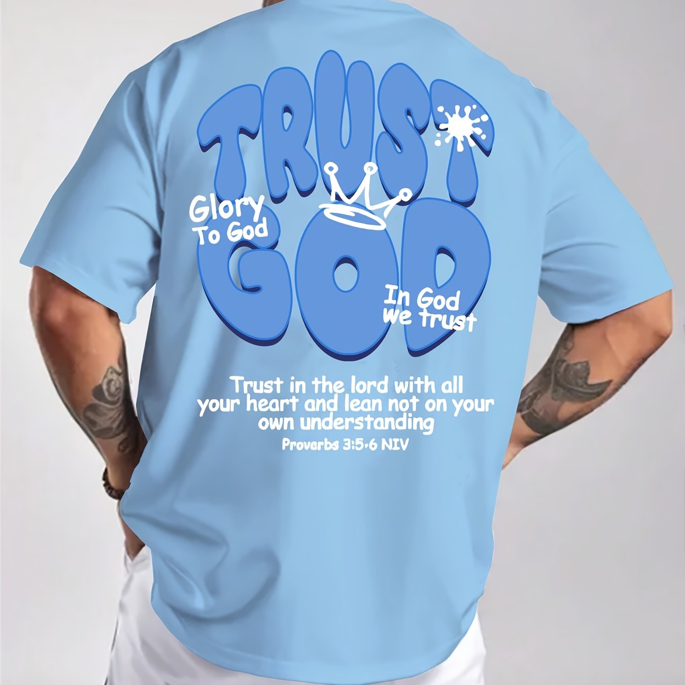 Men's Summer Casual Short Sleeve T-Shirt with Inspirational Bible Verse Print (Proverbs 3:5-6) - Light Beige Regular Fit Round Neck Tee, Machine Washable Faith-Based Apparel, Everyday Tee, Bold Lettering, Durable Tee, Print S