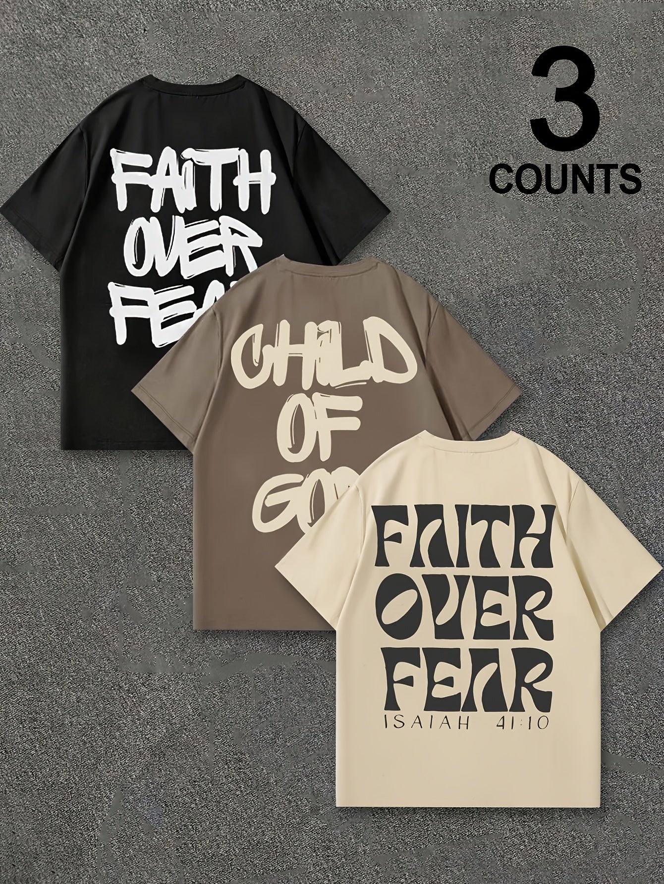 Men'S Casual Summer T-Shirt Set - "Faith Over Fear" Print, Short Sleeve, Round Neck, Lightweight Knit Fabric, Perfect for Outdoor Activities, Casual Sportswear|Motivational Print|Comfortable Fit, PLUS SIZE