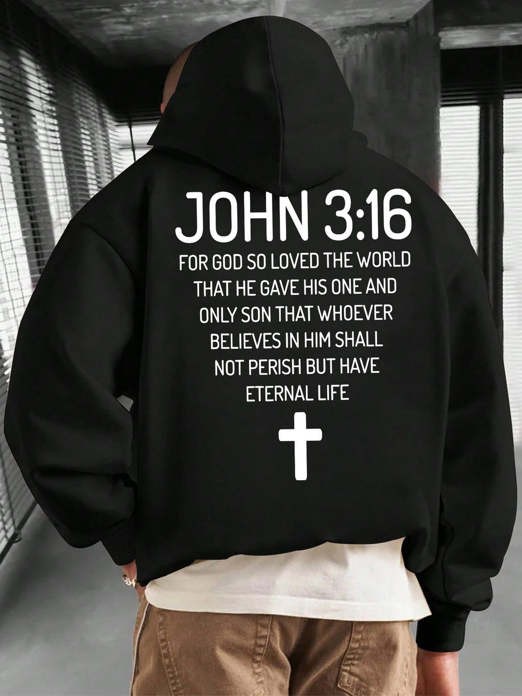 Men'S Hoodie with John 3:16 Bible Verse Print - Black Religious Apparel, Adjustable Drawstring Hood & Front Pocket - Christian Faith-Based Clothing for Everyday Casual Wear - All-Season Comfort Fit Pullover Sweatshirt, Spirit