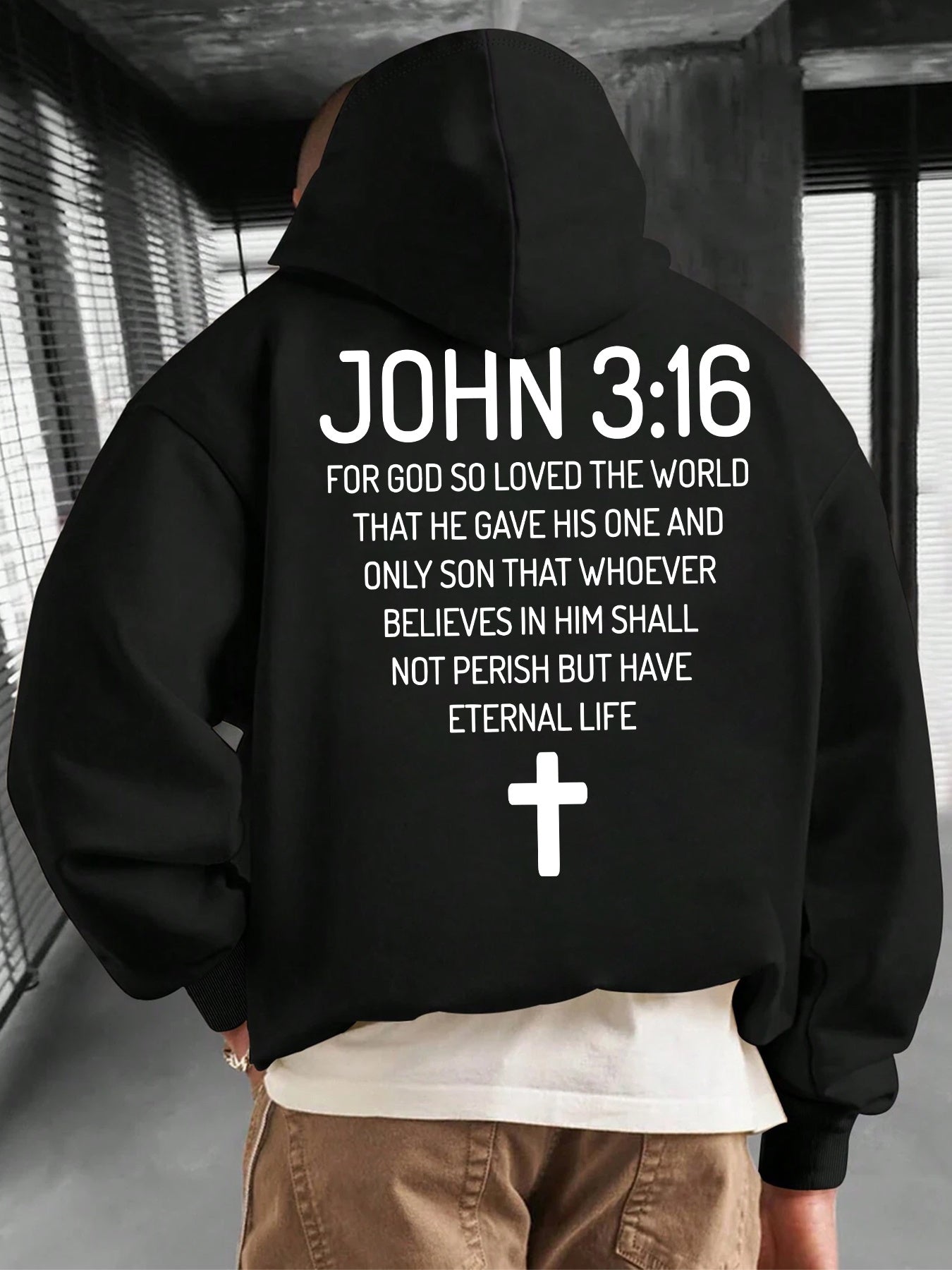 Men'S Hoodie with John 3:16 Bible Verse Print - Black Religious Apparel, Adjustable Drawstring Hood & Front Pocket - Christian Faith-Based Clothing for Everyday Casual Wear - All-Season Comfort Fit Pullover Sweatshirt, Spirit