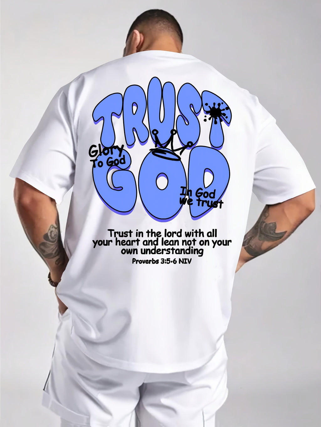 Men's Summer Casual Short Sleeve T-Shirt with Inspirational Bible Verse Print (Proverbs 3:5-6) - Light Beige Regular Fit Round Neck Tee, Machine Washable Faith-Based Apparel, Everyday Tee, Bold Lettering, Durable Tee, Print S