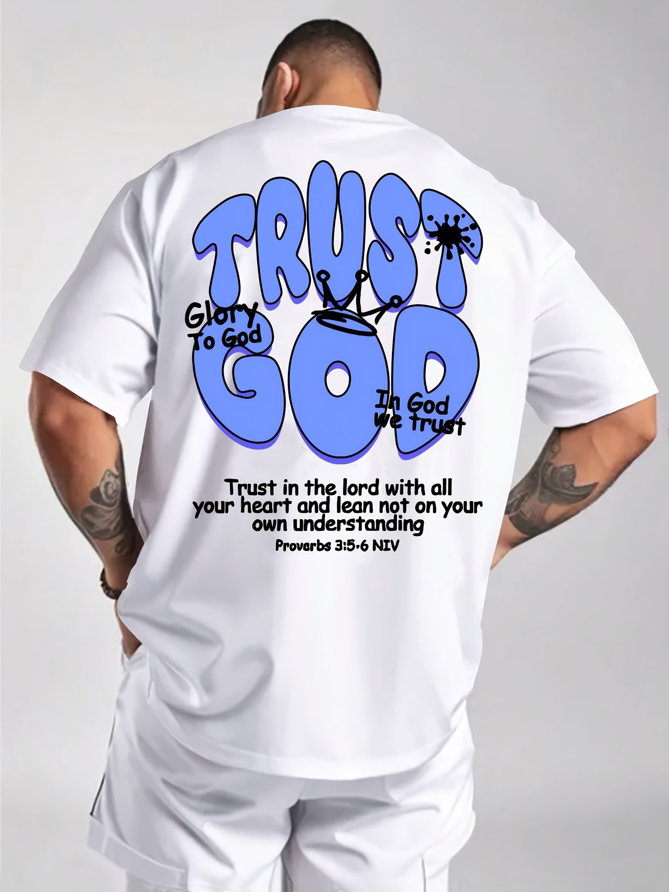 Men's Summer Casual Short Sleeve T-Shirt with Inspirational Bible Verse Print (Proverbs 3:5-6) - Light Beige Regular Fit Round Neck Tee, Machine Washable Faith-Based Apparel, Everyday Tee, Bold Lettering, Durable Tee, Print S