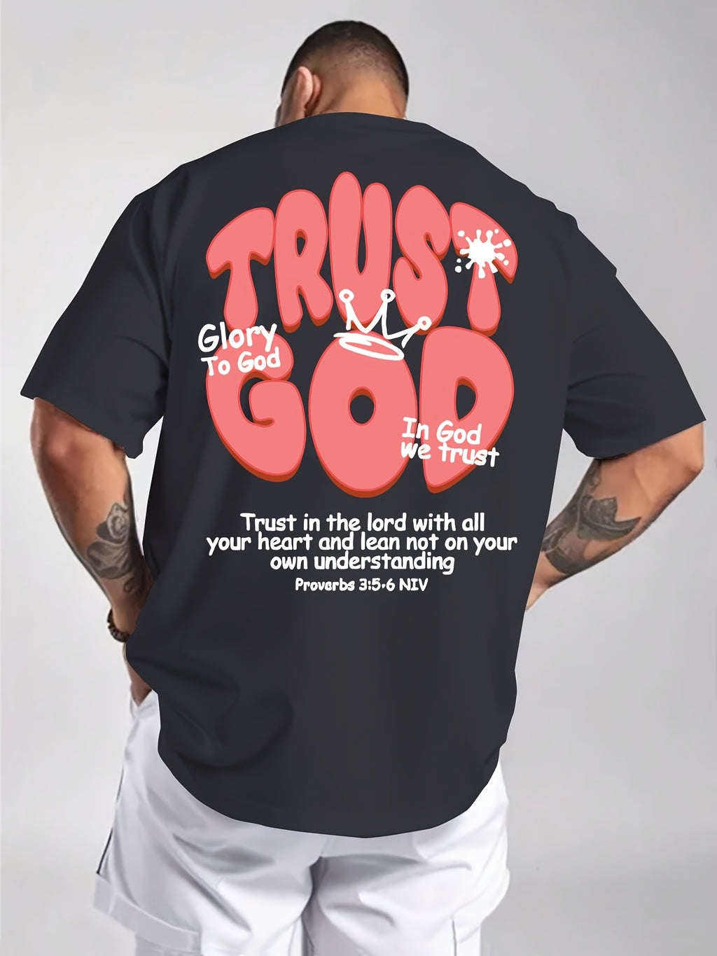 Men's Summer Casual Short Sleeve T-Shirt with Inspirational Bible Verse Print (Proverbs 3:5-6) - Light Beige Regular Fit Round Neck Tee, Machine Washable Faith-Based Apparel, Everyday Tee, Bold Lettering, Durable Tee, Print S