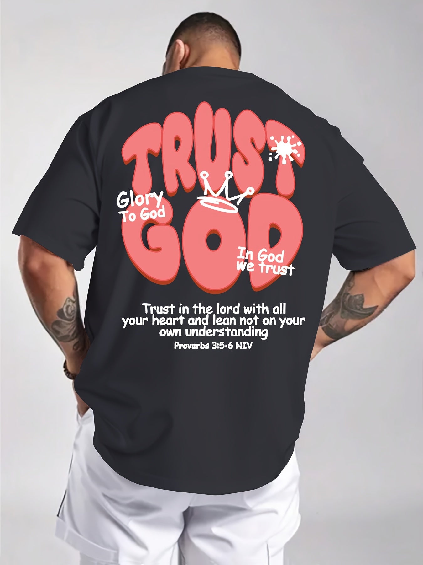 Men's Summer Casual Short Sleeve T-Shirt with Inspirational Bible Verse Print (Proverbs 3:5-6) - Light Beige Regular Fit Round Neck Tee, Machine Washable Faith-Based Apparel, Everyday Tee, Bold Lettering, Durable Tee, Print S