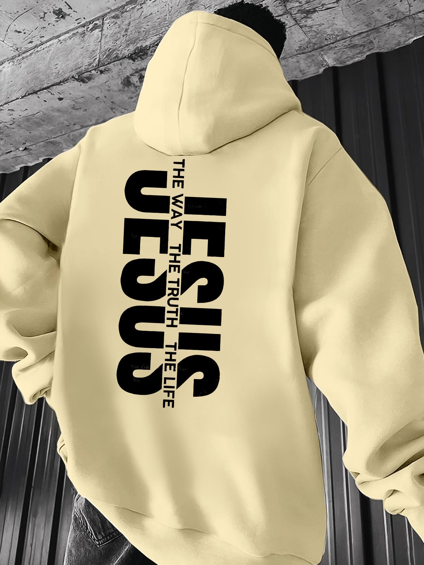 Men'S Casual Hooded Sweatshirt with "THE WAY JESUS LIVED HIS LIFE" Print - Yellow, Long Sleeve, Front Pocket, Polyester Blend, Machine Washable, Inspirational Clothing | Casual Style Hoodie | Machine Washable Top