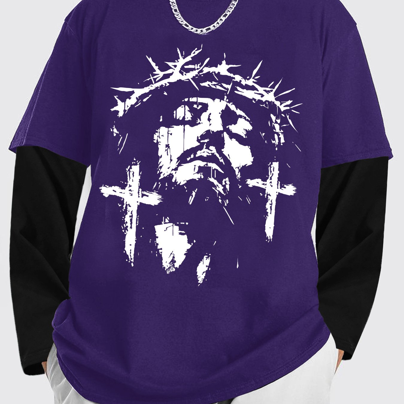 Men'S Contrasting Long-Sleeved T-Shirt with Jesus Portrait Print