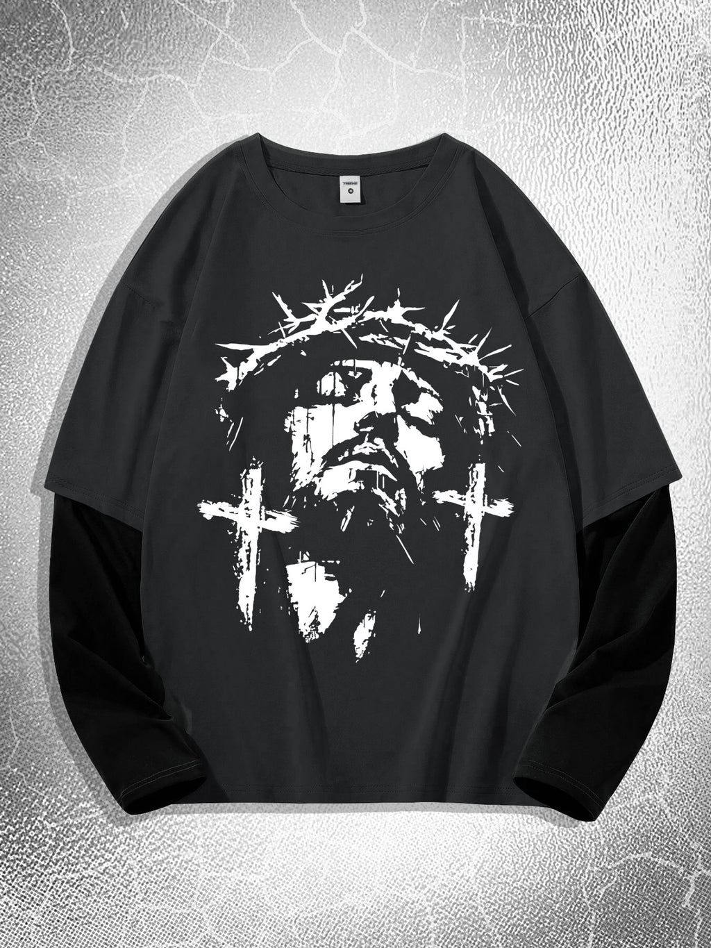 Men'S Contrasting Long-Sleeved T-Shirt with Jesus Portrait Print