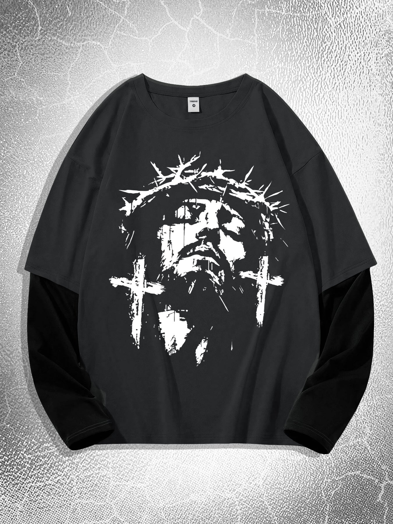 Men'S Contrasting Long-Sleeved T-Shirt with Jesus Portrait Print