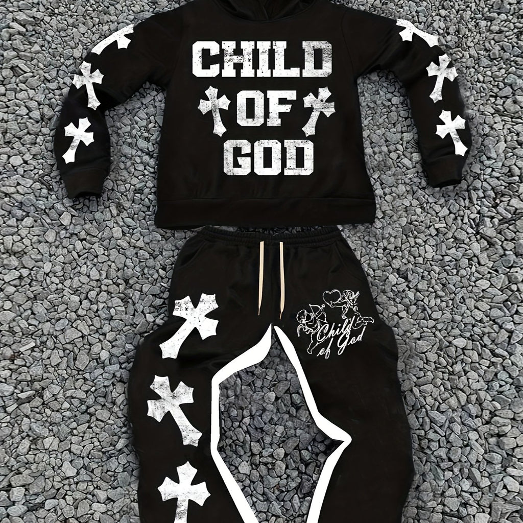 Men's Casual Trendy "Youngsters OF GOD" Print Hoodie & Sweatpants Set - Polyester, Machine Washable, Black with White Cross Design, Ideal for Fall/Winter Leisure, Oversized Hoodie