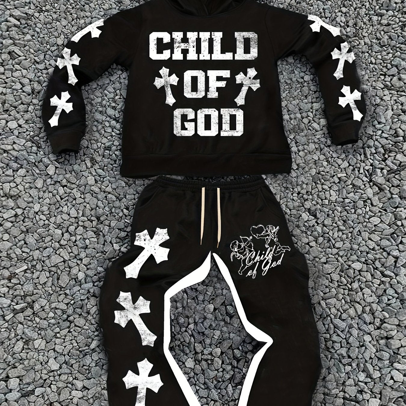 Men's Casual Trendy "Youngsters OF GOD" Print Hoodie & Sweatpants Set - Polyester, Machine Washable, Black with White Cross Design, Ideal for Fall/Winter Leisure, Oversized Hoodie