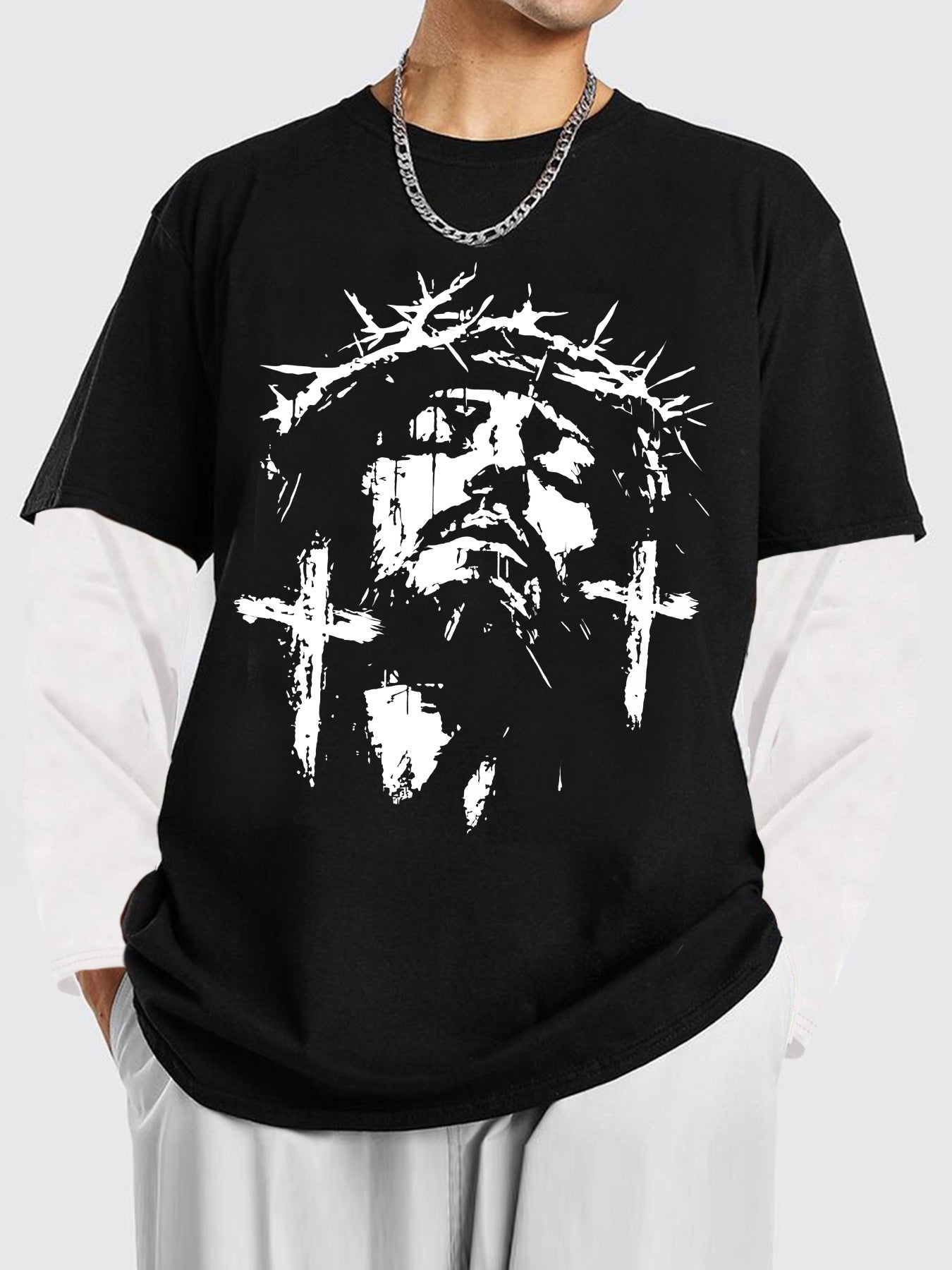 Men'S Contrasting Long-Sleeved T-Shirt with Jesus Portrait Print