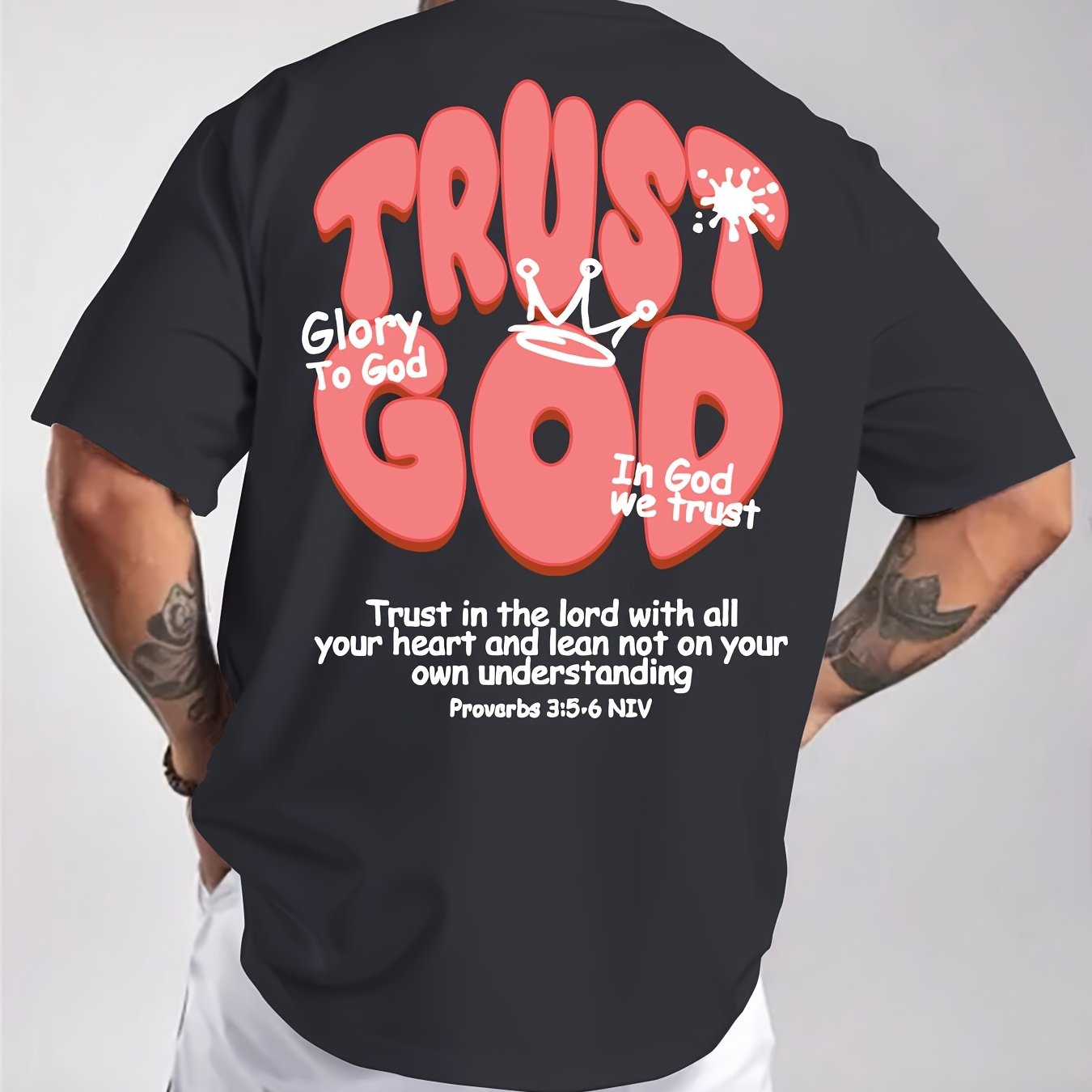 Men's Summer Casual Short Sleeve T-Shirt with Inspirational Bible Verse Print (Proverbs 3:5-6) - Light Beige Regular Fit Round Neck Tee, Machine Washable Faith-Based Apparel, Everyday Tee, Bold Lettering, Durable Tee, Print S