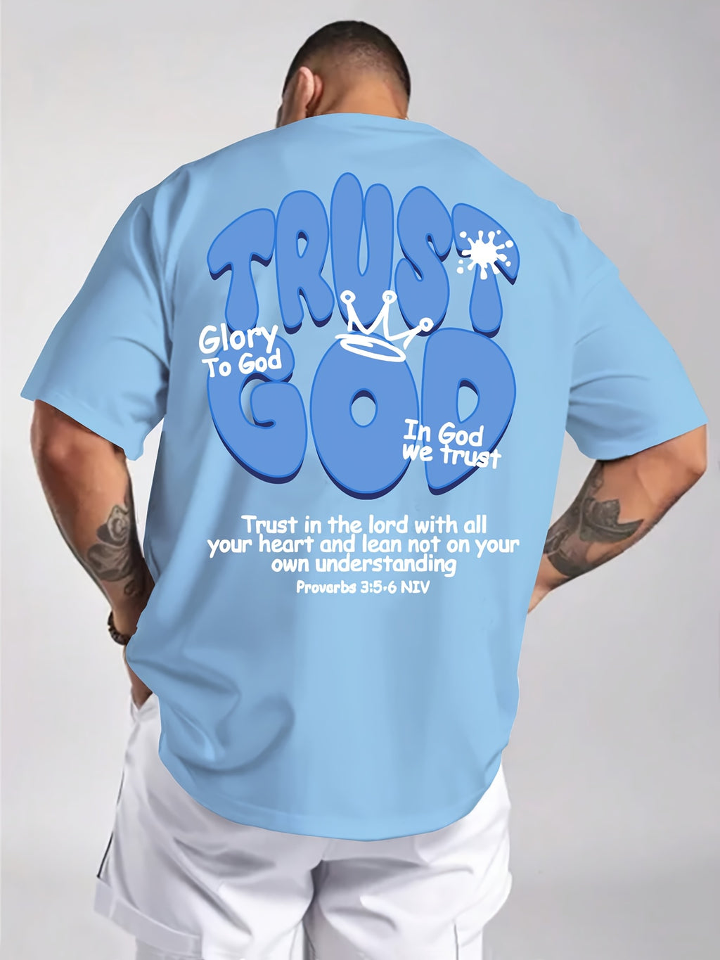Men's Summer Casual Short Sleeve T-Shirt with Inspirational Bible Verse Print (Proverbs 3:5-6) - Light Beige Regular Fit Round Neck Tee, Machine Washable Faith-Based Apparel, Everyday Tee, Bold Lettering, Durable Tee, Print S