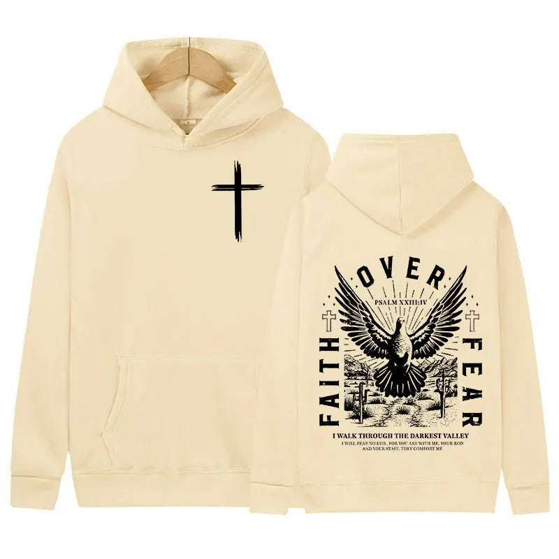Jesus Faith Over Fear Inverse Letter Print Hoodie Christian Retro Fashion Harajuku Sweatshirt Men Women Fleece Oversized Hoodies