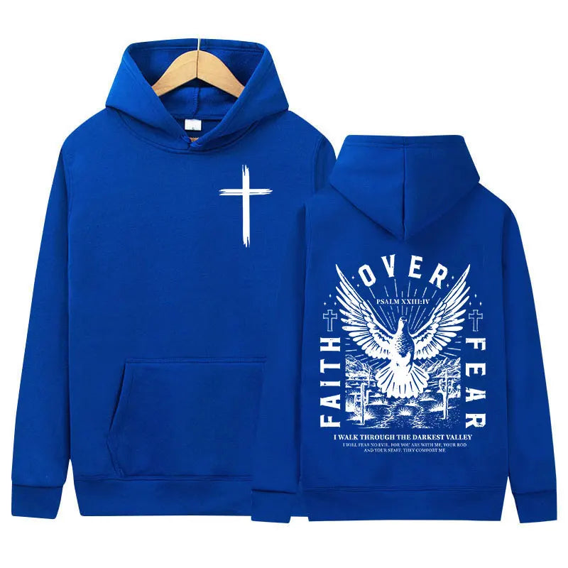 Jesus Faith Over Fear Inverse Letter Print Hoodie Christian Retro Fashion Harajuku Sweatshirt Men Women Fleece Oversized Hoodies