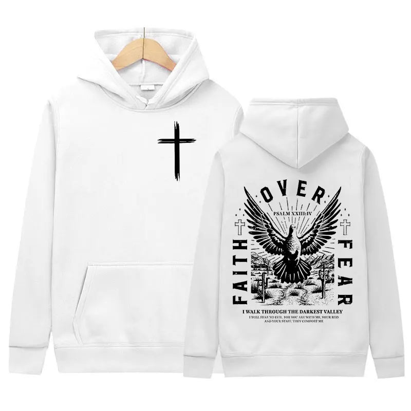 Jesus Faith Over Fear Inverse Letter Print Hoodie Christian Retro Fashion Harajuku Sweatshirt Men Women Fleece Oversized Hoodies