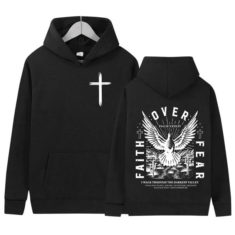 Jesus Faith Over Fear Inverse Letter Print Hoodie Christian Retro Fashion Harajuku Sweatshirt Men Women Fleece Oversized Hoodies