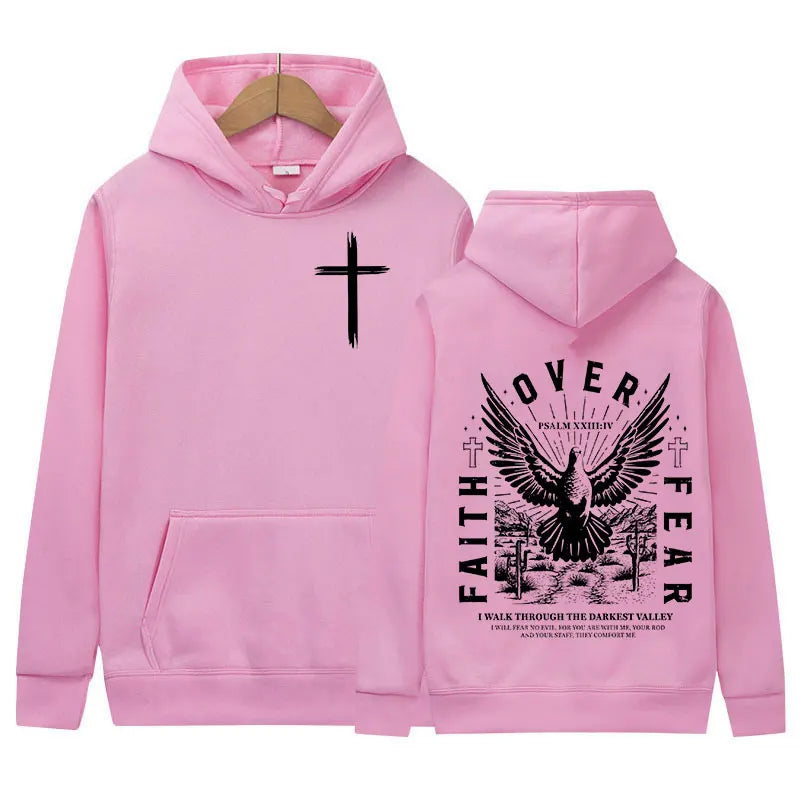 Jesus Faith Over Fear Inverse Letter Print Hoodie Christian Retro Fashion Harajuku Sweatshirt Men Women Fleece Oversized Hoodies