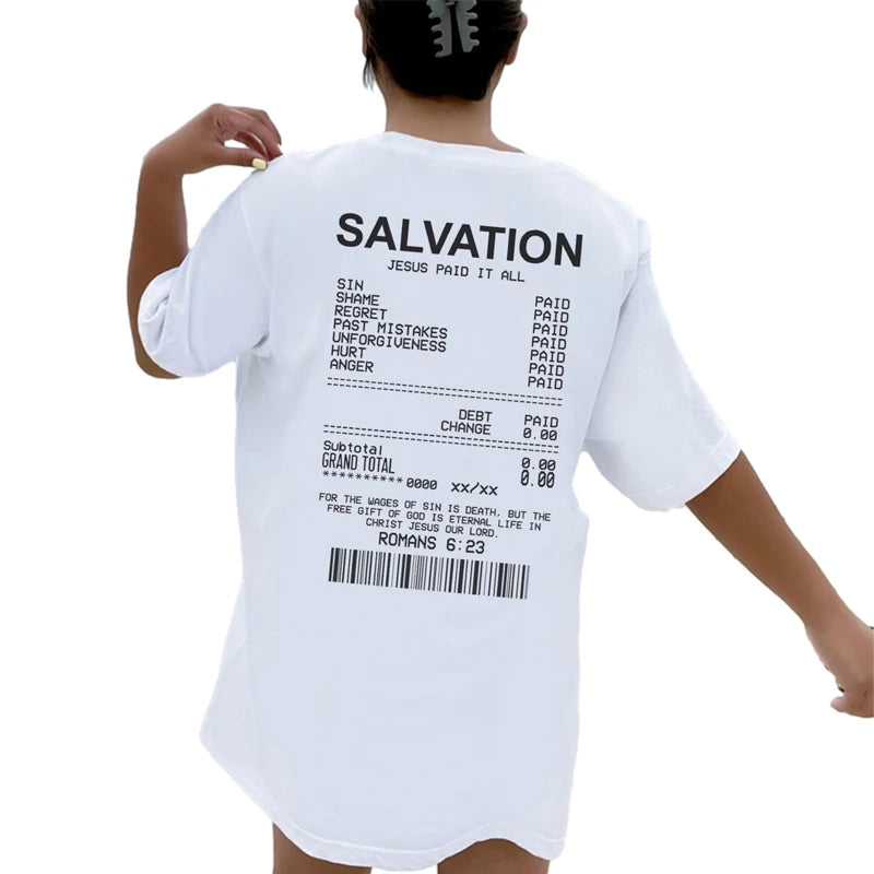 Women Salvation Back Print Bible Verse T-Shirts Oversized Funny Streetwear Christian T Shirts Jesus Faith Tees Gifts Unisex Tops