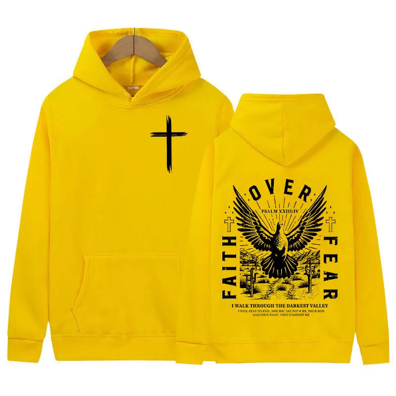 Jesus Faith Over Fear Inverse Letter Print Hoodie Christian Retro Fashion Harajuku Sweatshirt Men Women Fleece Oversized Hoodies