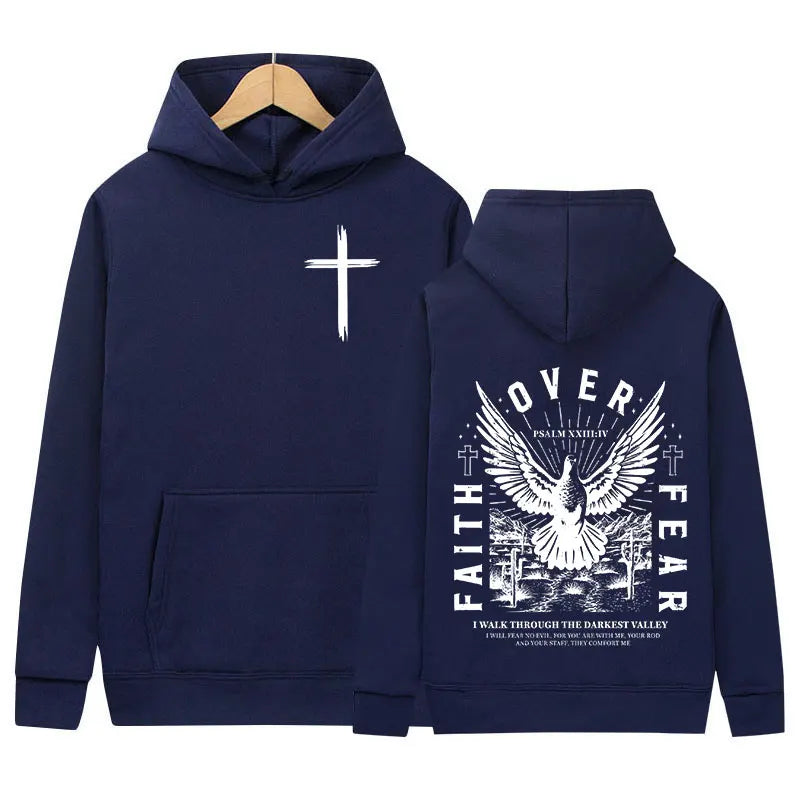 Jesus Faith Over Fear Inverse Letter Print Hoodie Christian Retro Fashion Harajuku Sweatshirt Men Women Fleece Oversized Hoodies