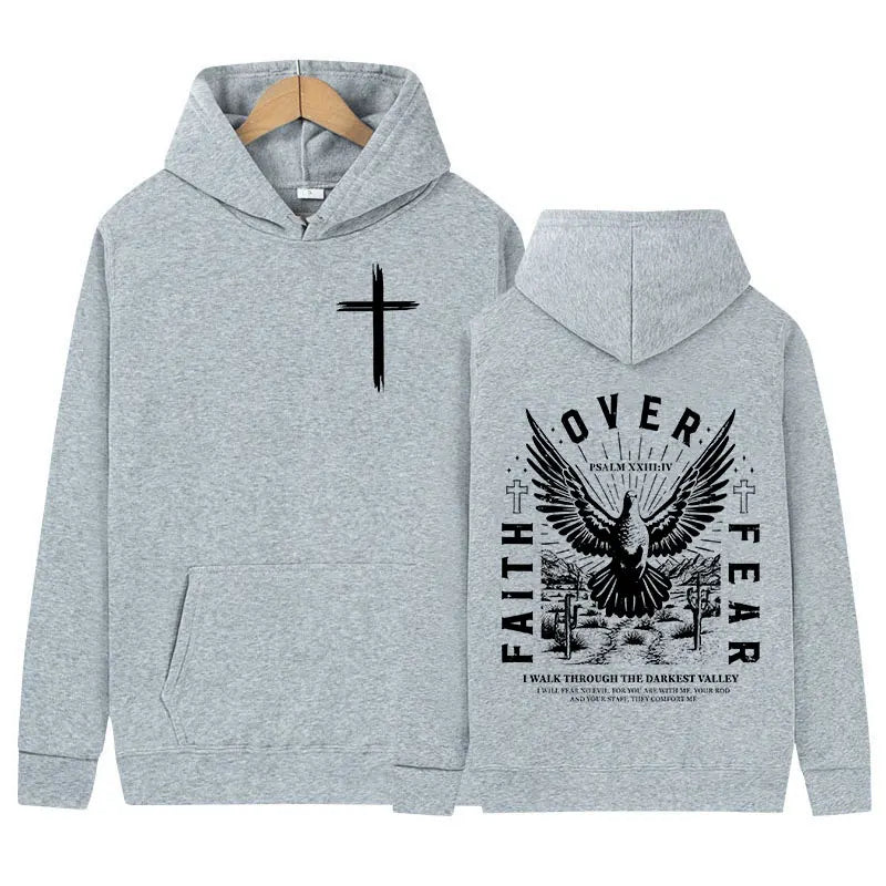 Jesus Faith Over Fear Inverse Letter Print Hoodie Christian Retro Fashion Harajuku Sweatshirt Men Women Fleece Oversized Hoodies