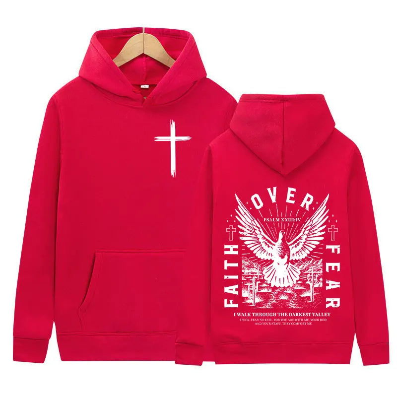 Jesus Faith Over Fear Inverse Letter Print Hoodie Christian Retro Fashion Harajuku Sweatshirt Men Women Fleece Oversized Hoodies