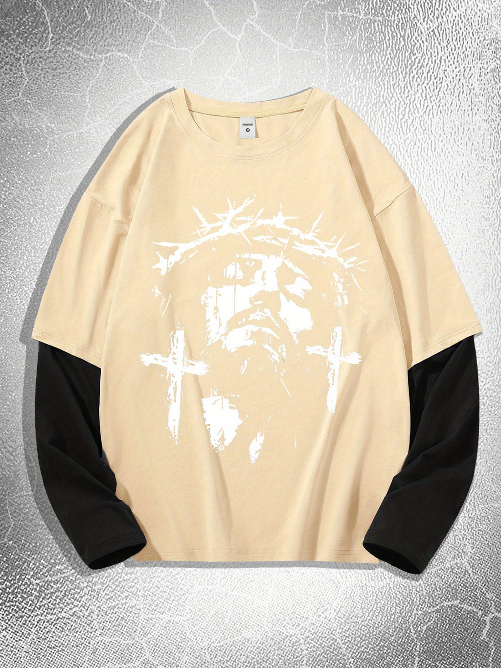 Men'S Contrasting Long-Sleeved T-Shirt with Jesus Portrait Print