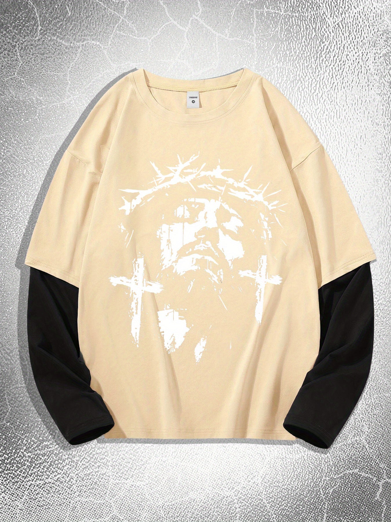 Men'S Contrasting Long-Sleeved T-Shirt with Jesus Portrait Print