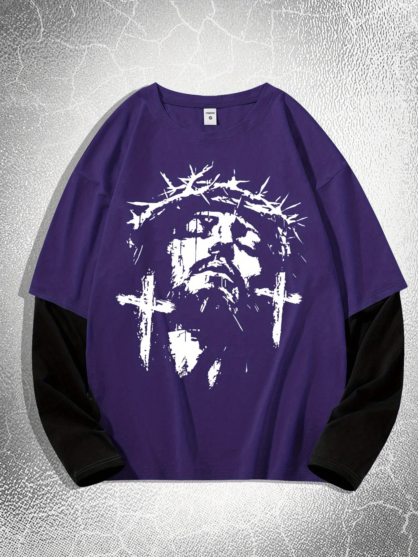 Men'S Contrasting Long-Sleeved T-Shirt with Jesus Portrait Print