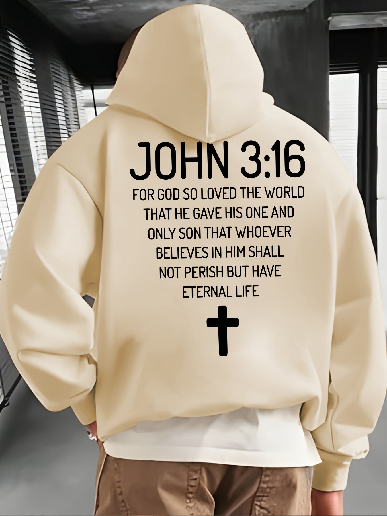 Men'S Hoodie with John 3:16 Bible Verse Print - Black Religious Apparel, Adjustable Drawstring Hood & Front Pocket - Christian Faith-Based Clothing for Everyday Casual Wear - All-Season Comfort Fit Pullover Sweatshirt, Spirit