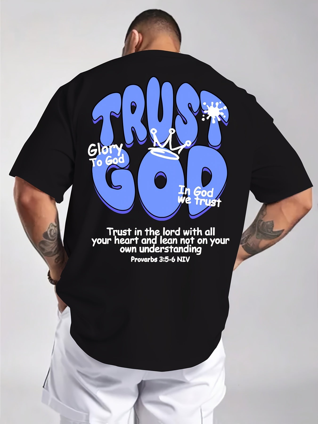Men's Summer Casual Short Sleeve T-Shirt with Inspirational Bible Verse Print (Proverbs 3:5-6) - Light Beige Regular Fit Round Neck Tee, Machine Washable Faith-Based Apparel, Everyday Tee, Bold Lettering, Durable Tee, Print S