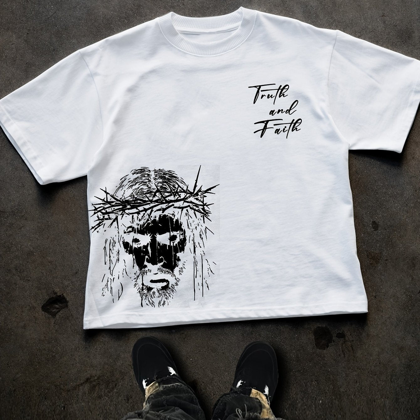 Men's Jesus Portrait Graphic T-Shirt with Thorns & Blood Splatter Art - Streetwear Style Loose Fit Breathable Summer Tee for Casual Outdoor Wear, Bold Street Style | Comfortable Fabric