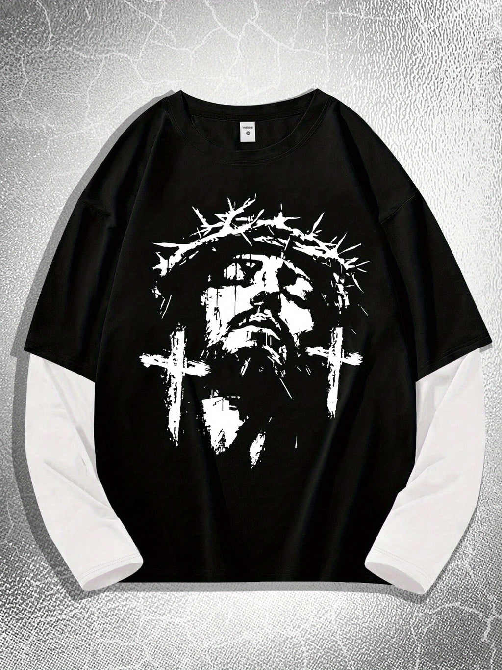 Men'S Contrasting Long-Sleeved T-Shirt with Jesus Portrait Print