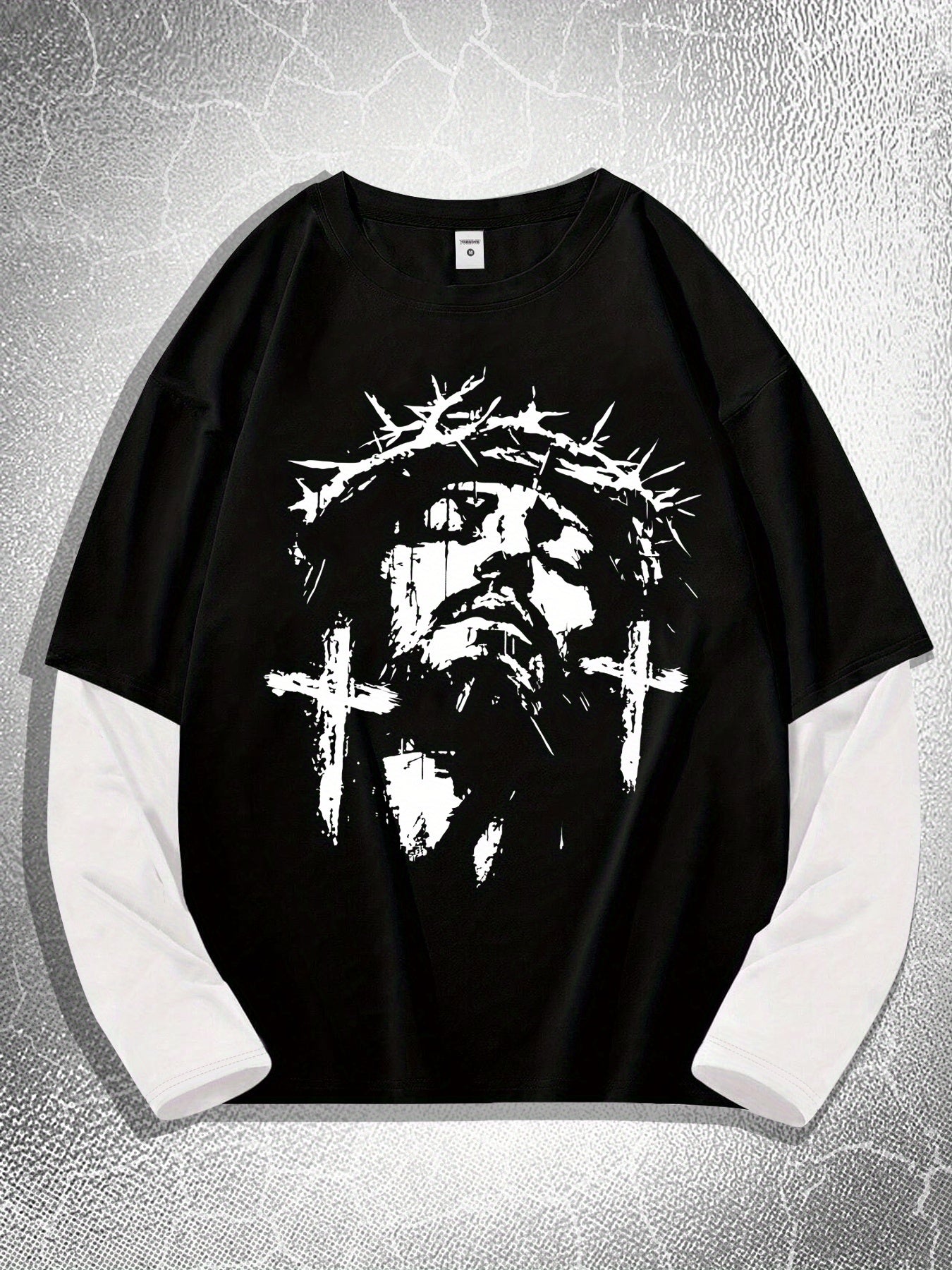 Men'S Contrasting Long-Sleeved T-Shirt with Jesus Portrait Print