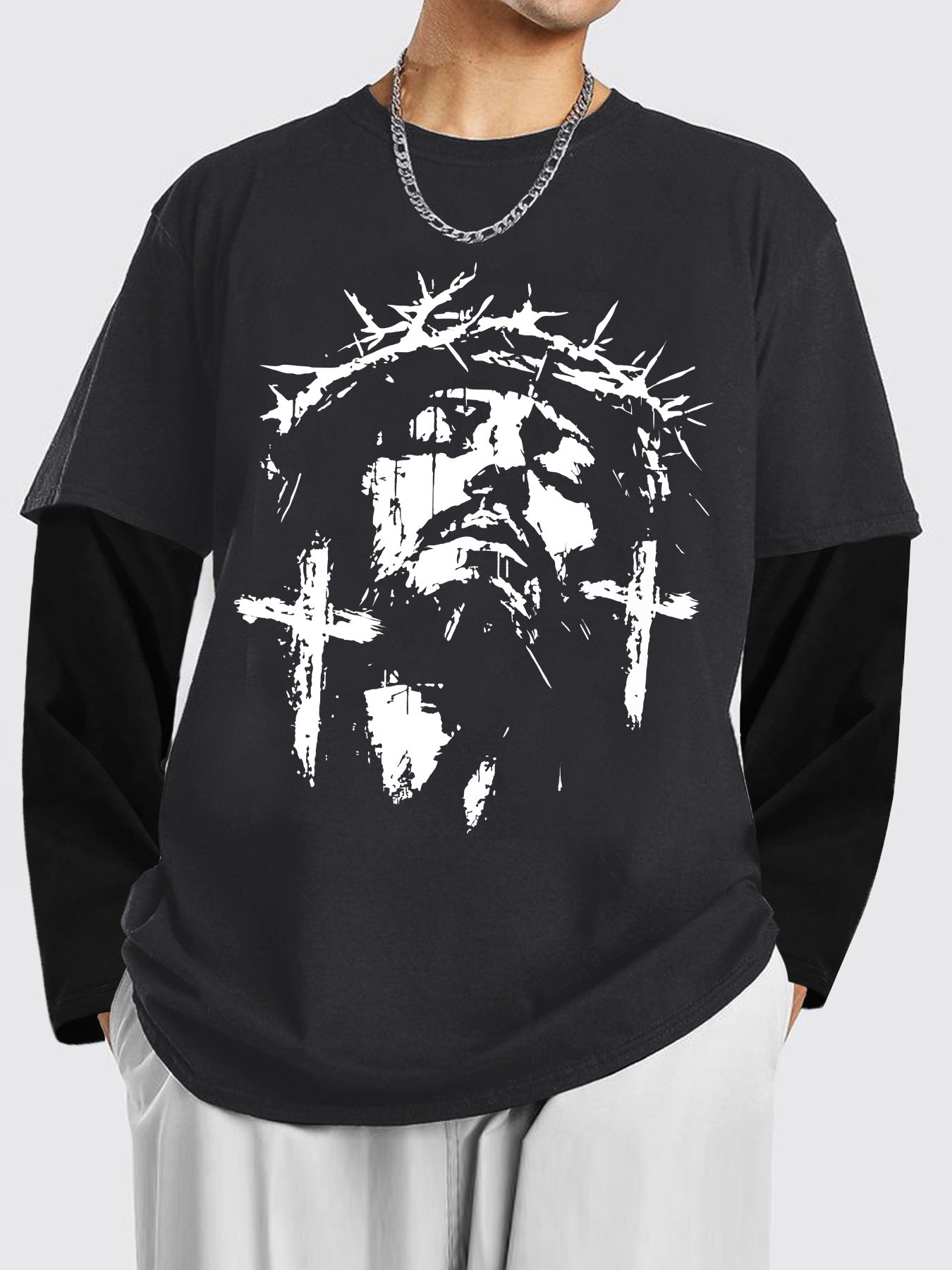 Men'S Contrasting Long-Sleeved T-Shirt with Jesus Portrait Print