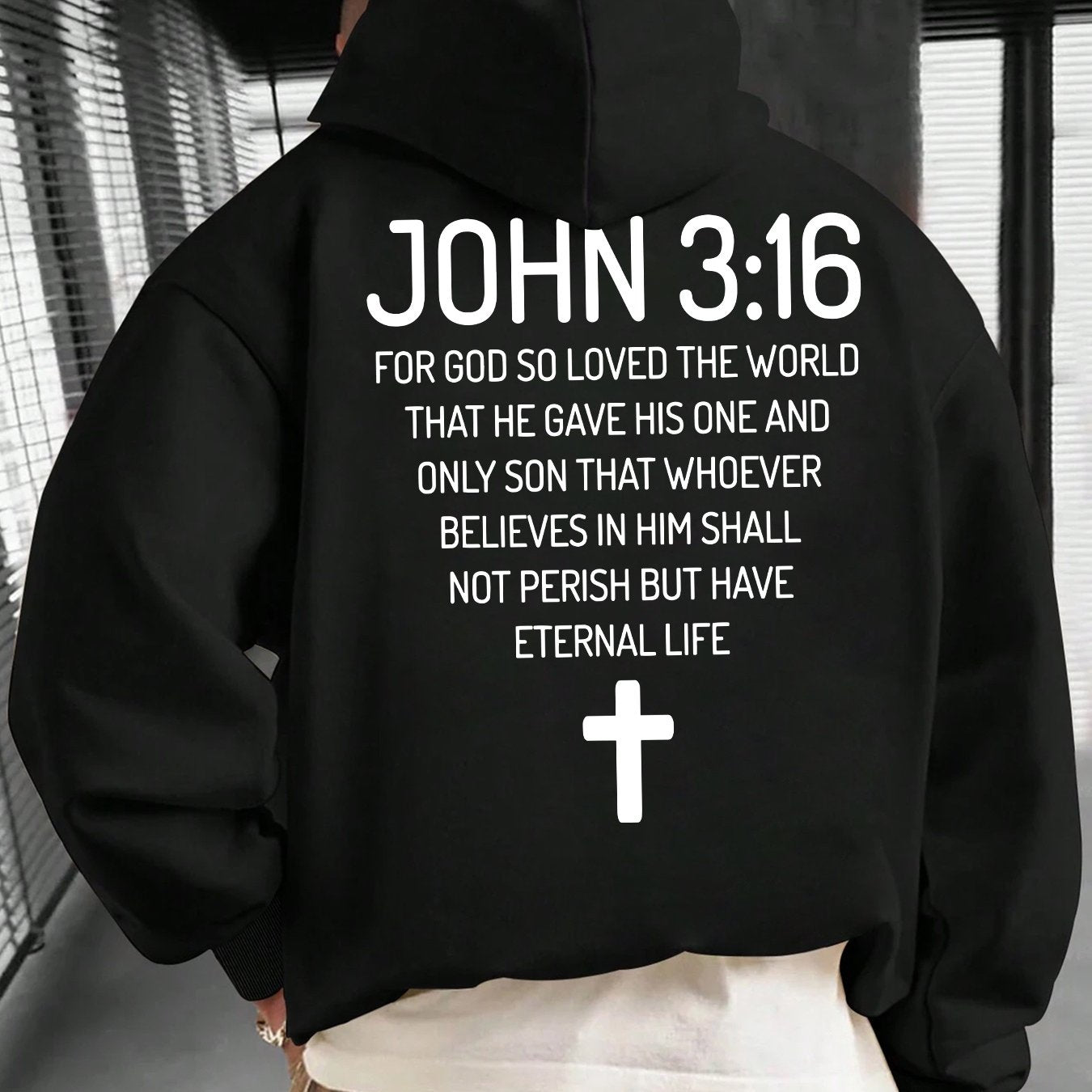 Men'S Hoodie with John 3:16 Bible Verse Print - Black Religious Apparel, Adjustable Drawstring Hood & Front Pocket - Christian Faith-Based Clothing for Everyday Casual Wear - All-Season Comfort Fit Pullover Sweatshirt, Spirit